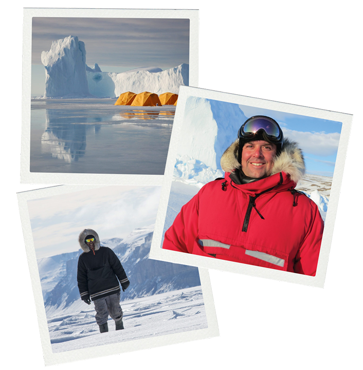 Three polaroid style images stacked. Top left shows icebergs and yellow arctic tents on the seas ice. The middle image is Graham Dickson wearing a red parka in the Arctic, the bottom left image is an Inuit guide on the sea ice smiling at the camera.